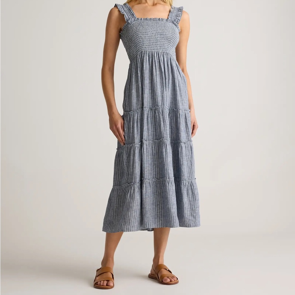 Quince Blue & White Striped Smocked Midi Dress